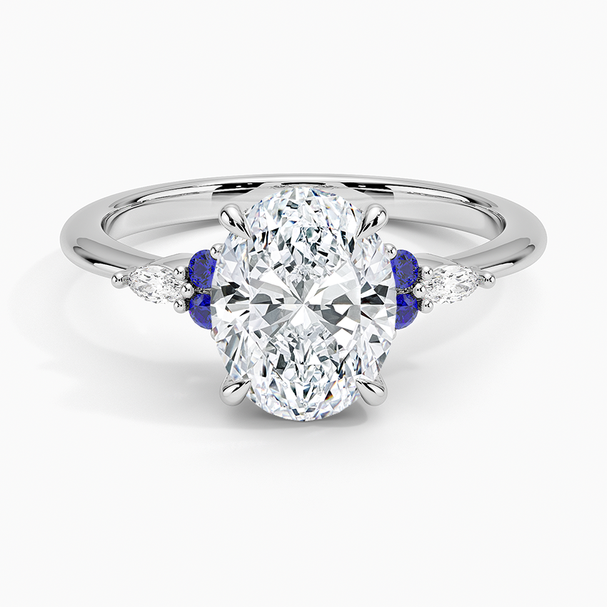 Oval Cut Diamond Engagement Ring with Blue Sapphire Accents, Three Stone Ring, Solid Gold Promise Ring