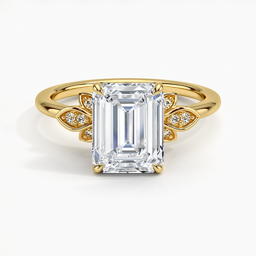 Emerald Cut Moissanite Engagement Ring with Leaf Accent, Nature Inspired Floral Ring