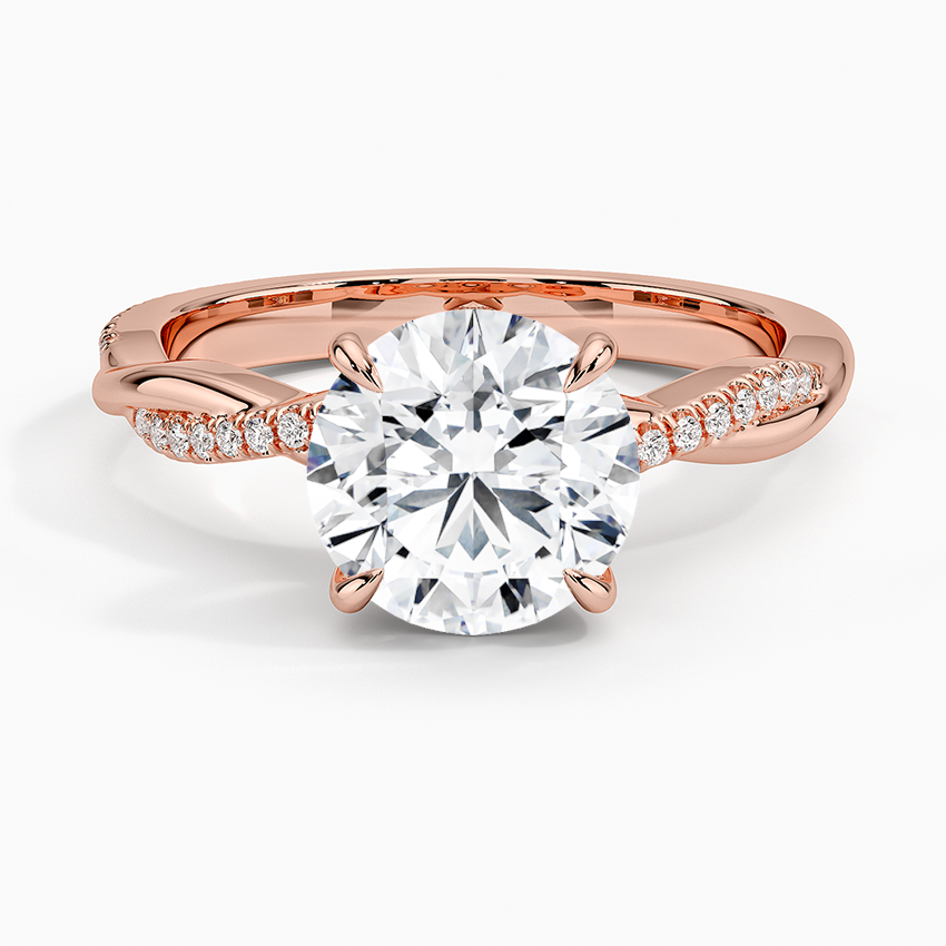 Round Cut Moissanite Engagement Ring, Twisted Pave Band Diamond Ring, Solid Gold Promise Ring