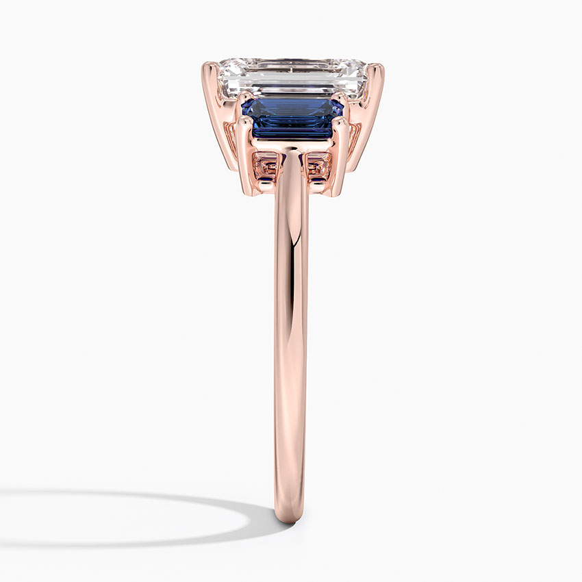 Emerald Cut Diamond Three Stone Ring with Blue Sapphire Side Stones, Vintage Style Engagement Ring, Anniversary Gift