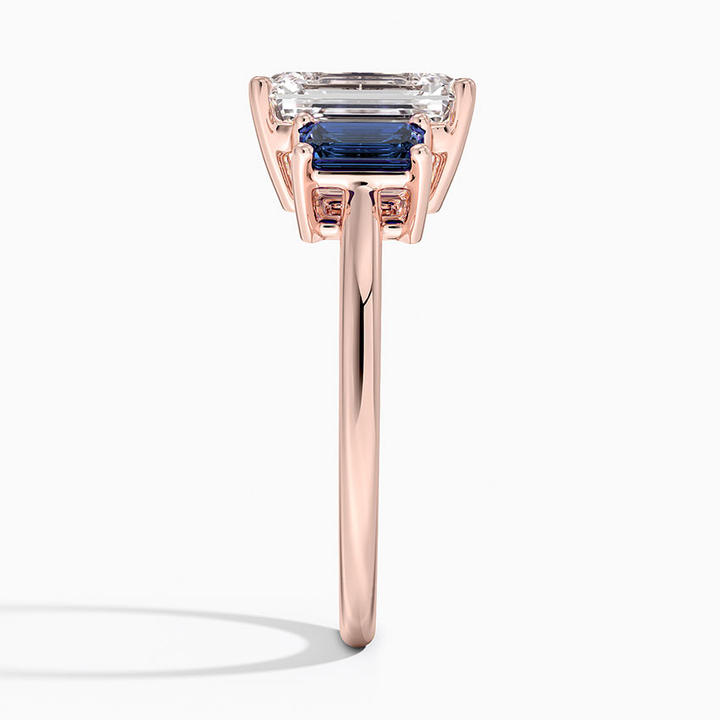 Emerald Cut Diamond Three Stone Ring with Blue Sapphire Side Stones, Vintage Style Engagement Ring, Anniversary Gift