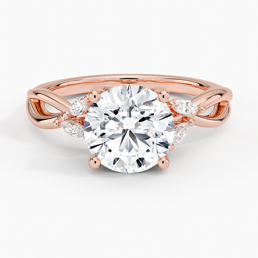 Round Cut Moissanite Engagement Ring, Infinity Twist Band Ring, Marquise Side Stone Ring, Solid Gold Promise Ring for Women