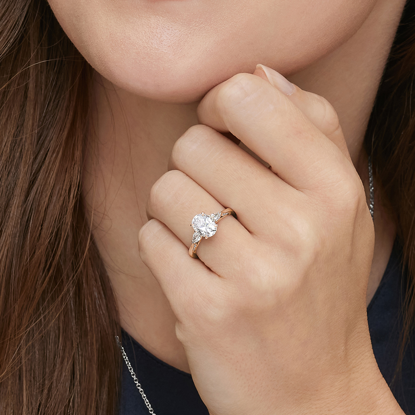 Round Brilliant Cut Diamond Engagement Ring with Pear Side Stones, plit Shank Milgrain Band