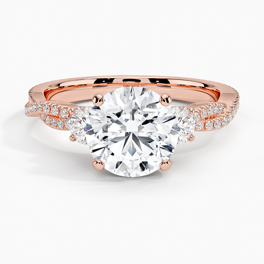 Three Stone Round Cut Moissanite Engagement Ring, Twisted Pave Band Diamond Ring, Promise Ring for Women