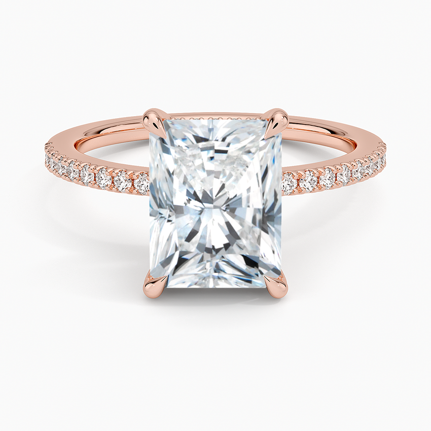 Radiant Cut Diamond Engagement Ring, Hidden Halo Pavé Band Ring, Thin Gold Solitaire Ring