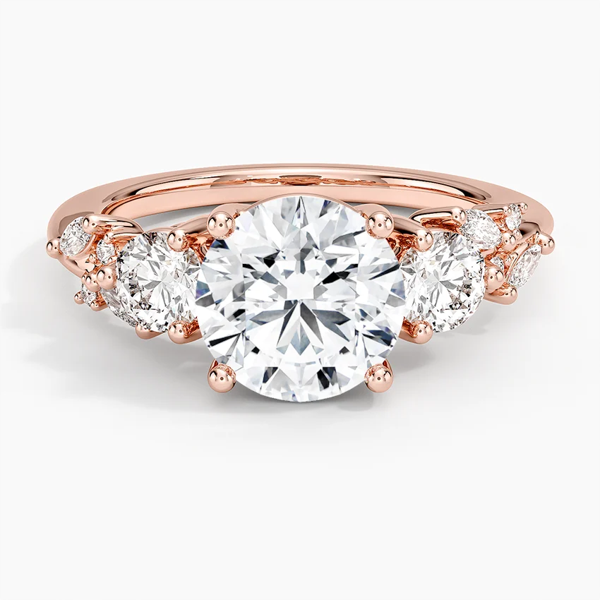 Round Cut Moissanite Engagement Ring with Marquise Side Stones, Solid Gold Promise Ring, l Diamond Ring