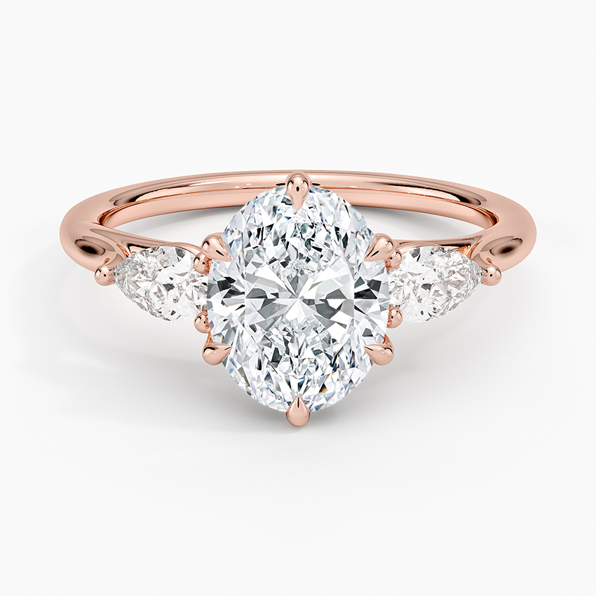 Oval Cut Diamond Engagement Ring, 3 Stone Diamond Ring, Pear Side Stones Ring, Solid Gold Promise Ring