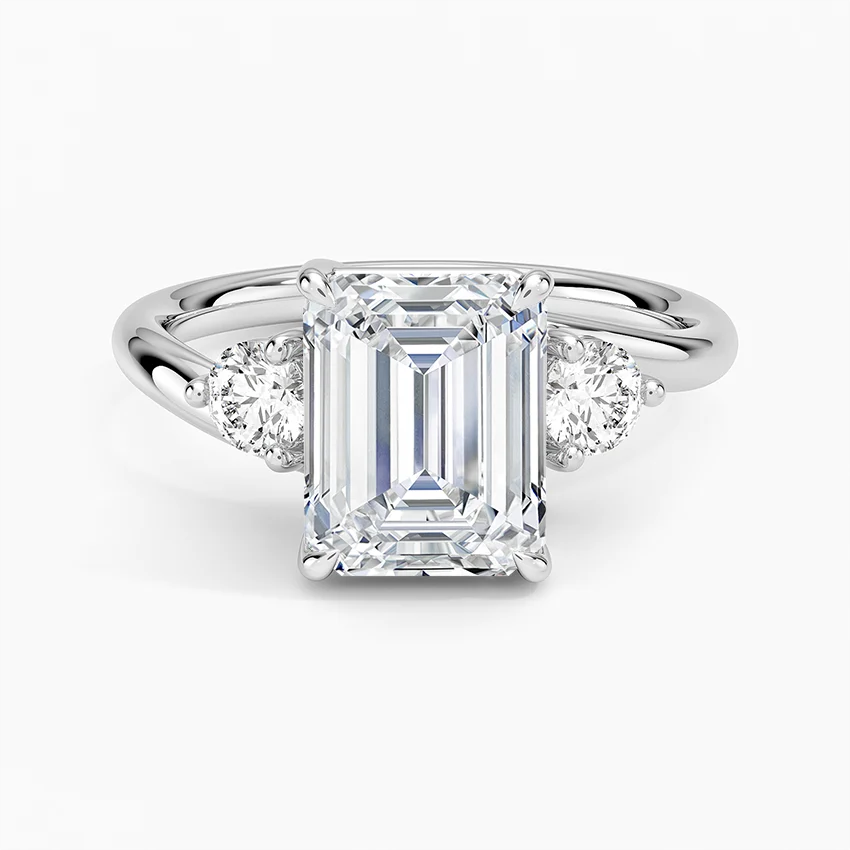 Emerald Cut Diamond Engagement Ring, 3 Stone Ring, Split Shank Solitaire