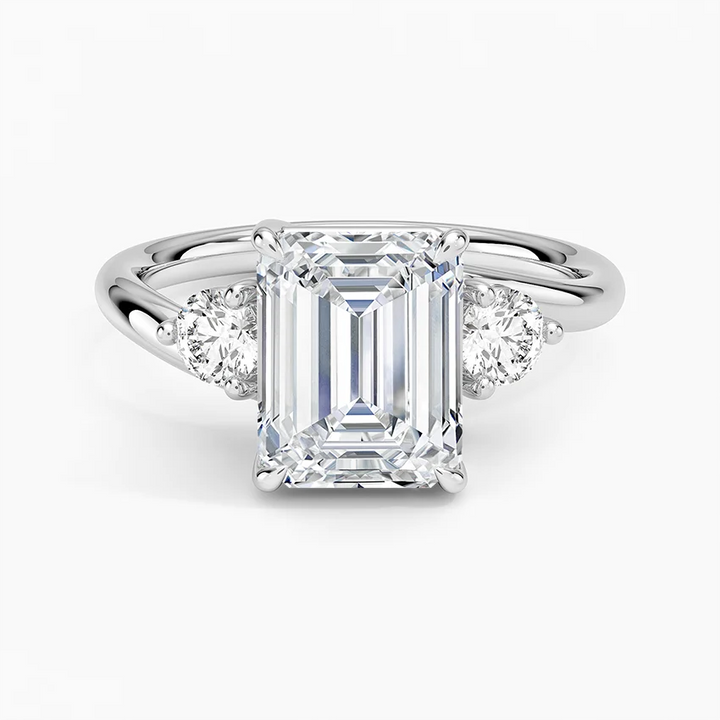 Emerald Cut Diamond Engagement Ring, 3 Stone Ring, Split Shank Solitaire
