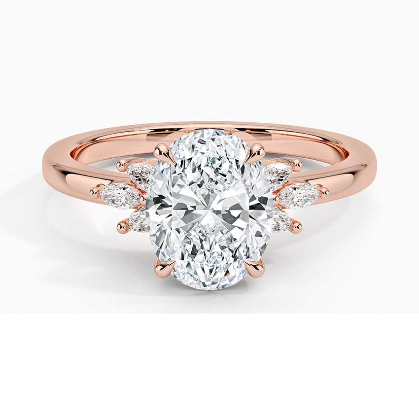 Oval Cut Diamond Engagement Ring with Marquise Side Stones, Solid Gold Promise Ring, Unique Leaf Cluster Bridal Ring