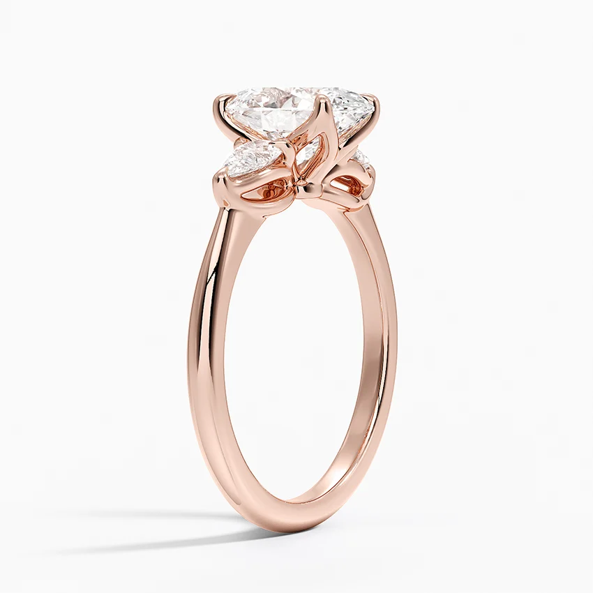 Oval Cut Diamond Three Stone Engagement Ring, Marquise Side Stones, Solid Gold Ring