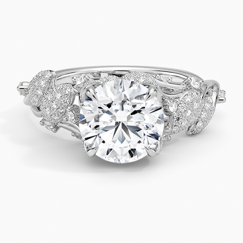 Vintage Floral Diamond Engagement Ring, Round Cut Center Stone, Leaf Inspired Pave Band