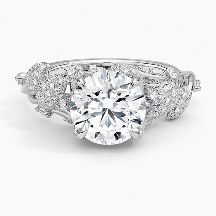 Vintage Floral Diamond Engagement Ring, Round Cut Center Stone, Leaf Inspired Pave Band