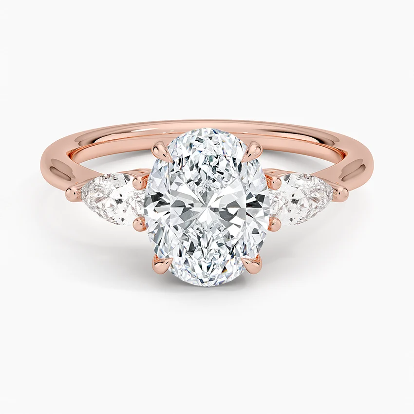 Oval Cut Diamond Engagement Ring with Pear Side Stones, Three Stone Ring, Solid Gold Promise Ring