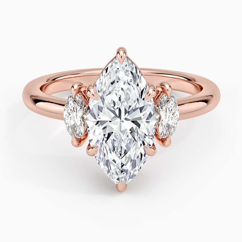 Marquise Cut Diamond Engagement Ring, 3 Stone Diamond Ring, Oval Side Diamonds Ring