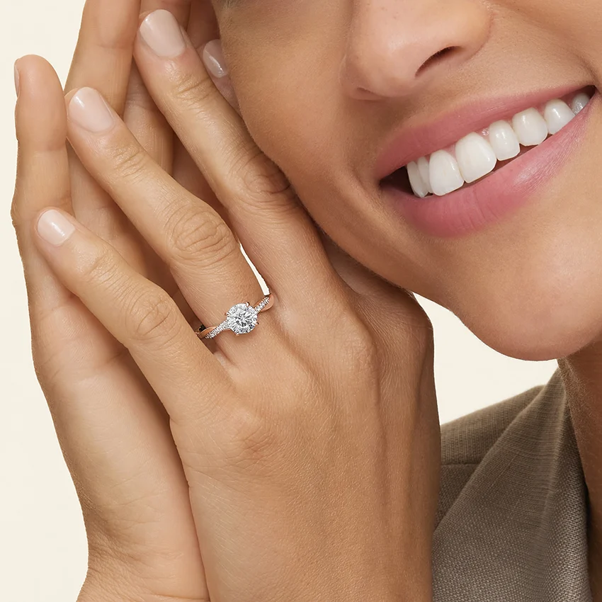 Twisted Band Round Cut Diamond Engagement Ring, Solitaire Diamond Ring, Pave Wedding Ring for Women