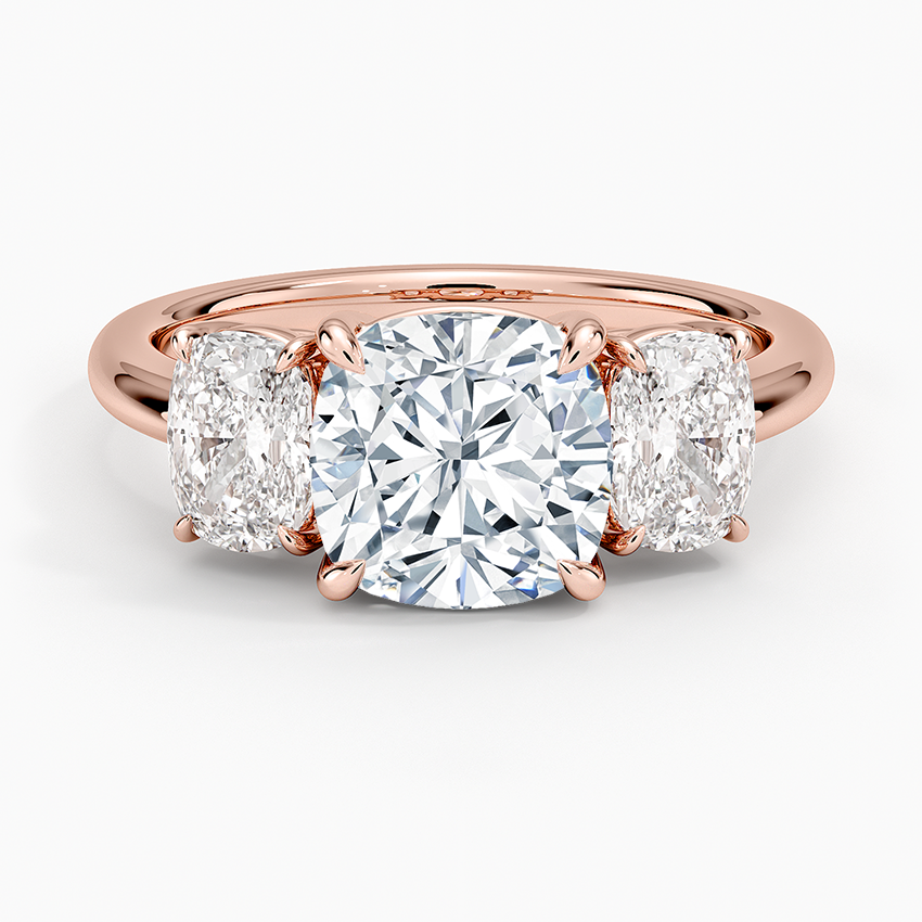 3 Stone Cushion Cut Diamond Engagement Ring, Hidden Halo Cushion Ring, Solid Gold Promise Ring