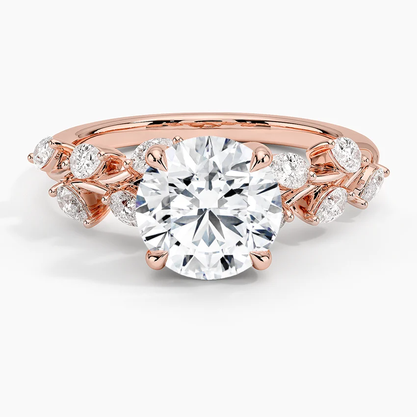 Round Cut Diamond Leaf Engagement Ring, Nature Inspired Floral Ring, Vintage Style Bridal Ring
