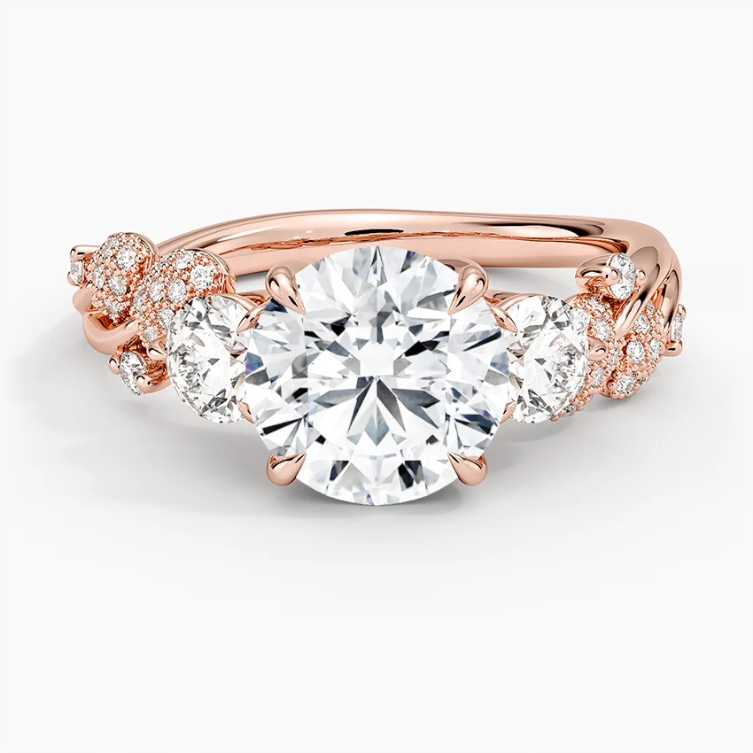Floral Diamond Engagement Ring, Round Cut 3 Stone Ring, Leaf Inspired Diamond Ring