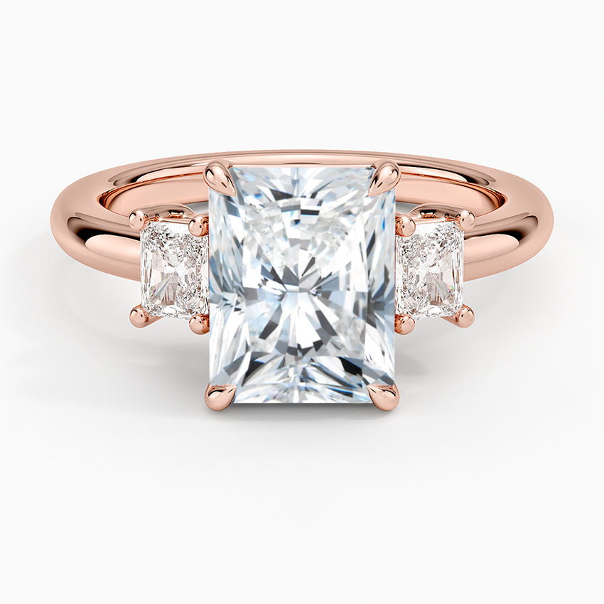 Radiant Cut Three Stone Diamond Engagement Ring, Solid Gold, Side Diamond Ring