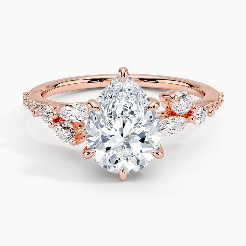 Pear Cut Moissanite Engagement Ring, Leaf Diamond Side Stone Ring, Solid Gold Promise Ring