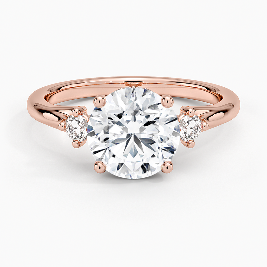 Round Cut Diamond Three Stone Engagement Ring, Solid Gold, Minimalist Side, Stone Ring