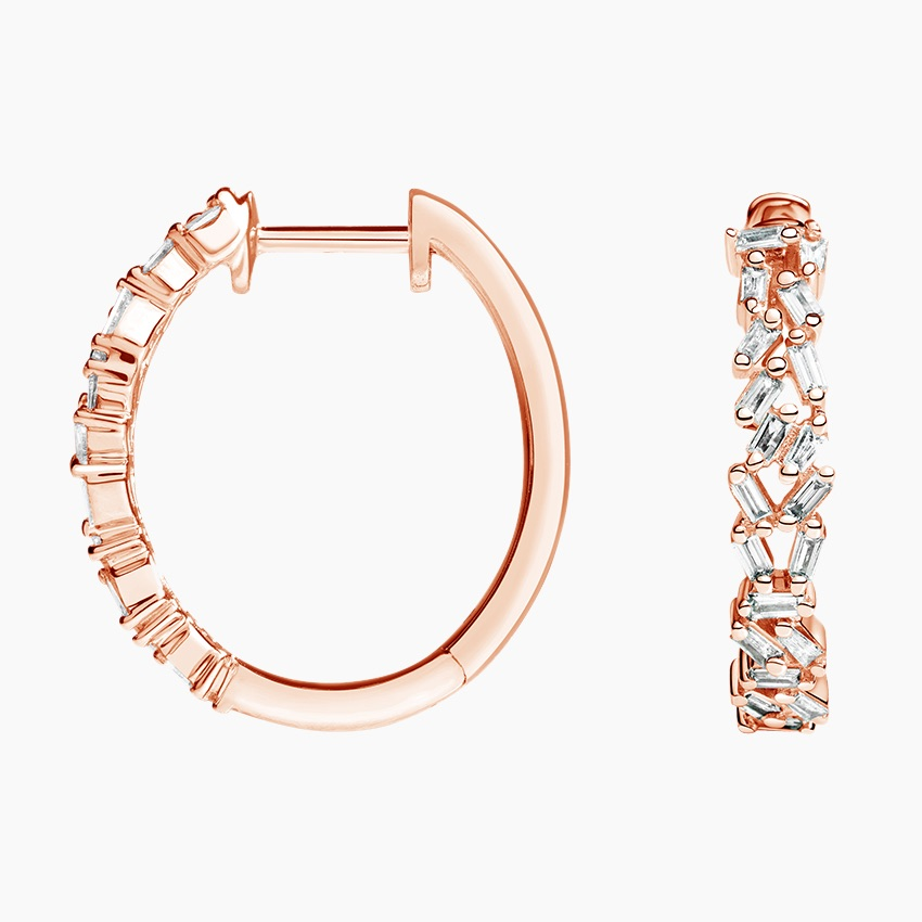 Baguette Diamond Hoop Earrings, Elegant Cluster Diamond Hoops