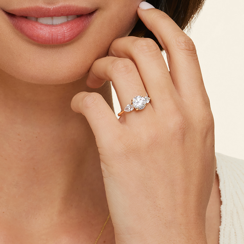 Round Cut Three Stone Diamond Engagement Ring, Marquise Side Stones Ring, Minimalist Bridal Ring