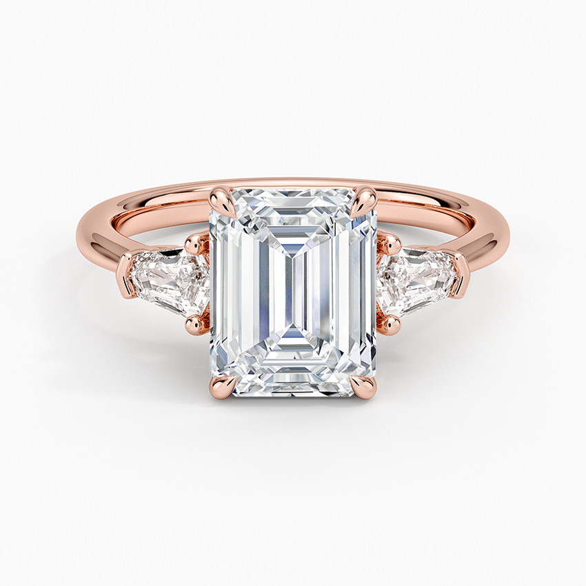 Emerald Cut Diamond Three Stone Engagement Ring, Trillion Side Diamond Ring, Bridal Ring