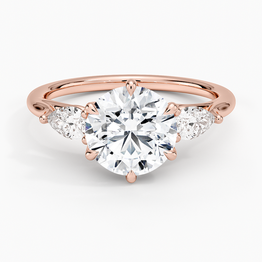Round Cut Moissanite Engagement Ring with Pear Side Stones, 3 Stone Diamond Ring, Solid Gold Promise Ring