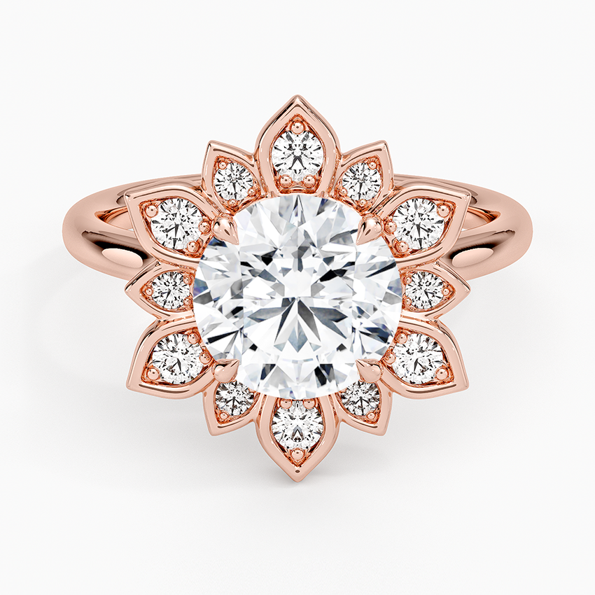 Floral Halo Moissanite Engagement Ring, Round Cut Center Stone, Vintage Flower Diamond Ring