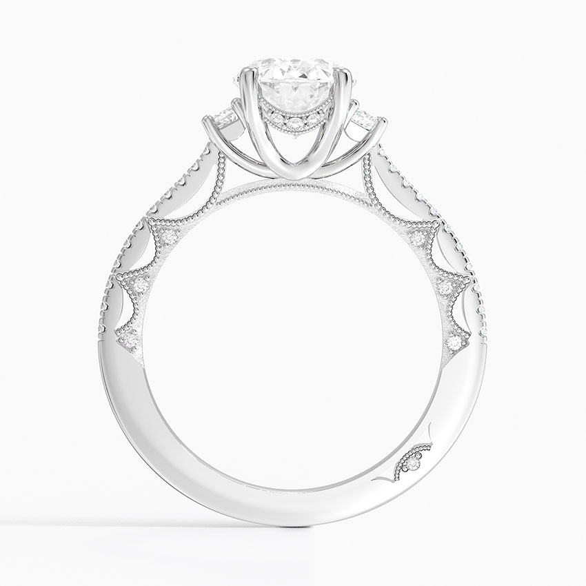 Oval Cut Diamond Engagement Ring,Three Stone Baguette Side Diamonds, Pavé Band Bridal Ring