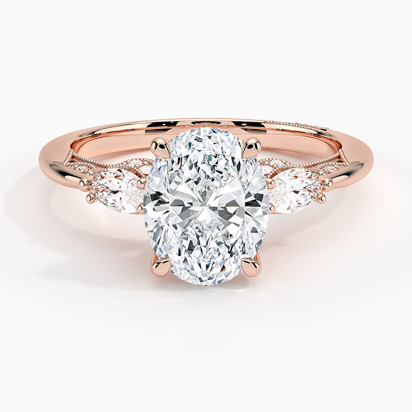 Oval Cut Diamond Engagement Ring, Three Stone Ring, Marquise Side Diamond Ring