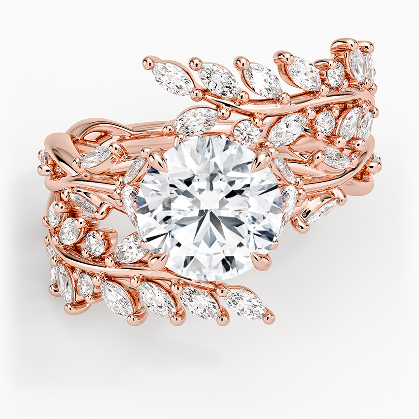 Nature-Inspired Leaf Moissanite Engagement Ring, Round Cut Center Stone with Marquise Diamond Vine Band