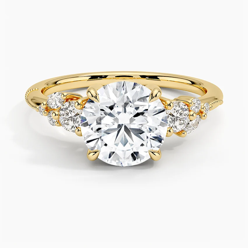 Round Cut Three Stone Diamond Engagement Ring, Vintage Inspired Side Stone Ring, Bridal Jewelry
