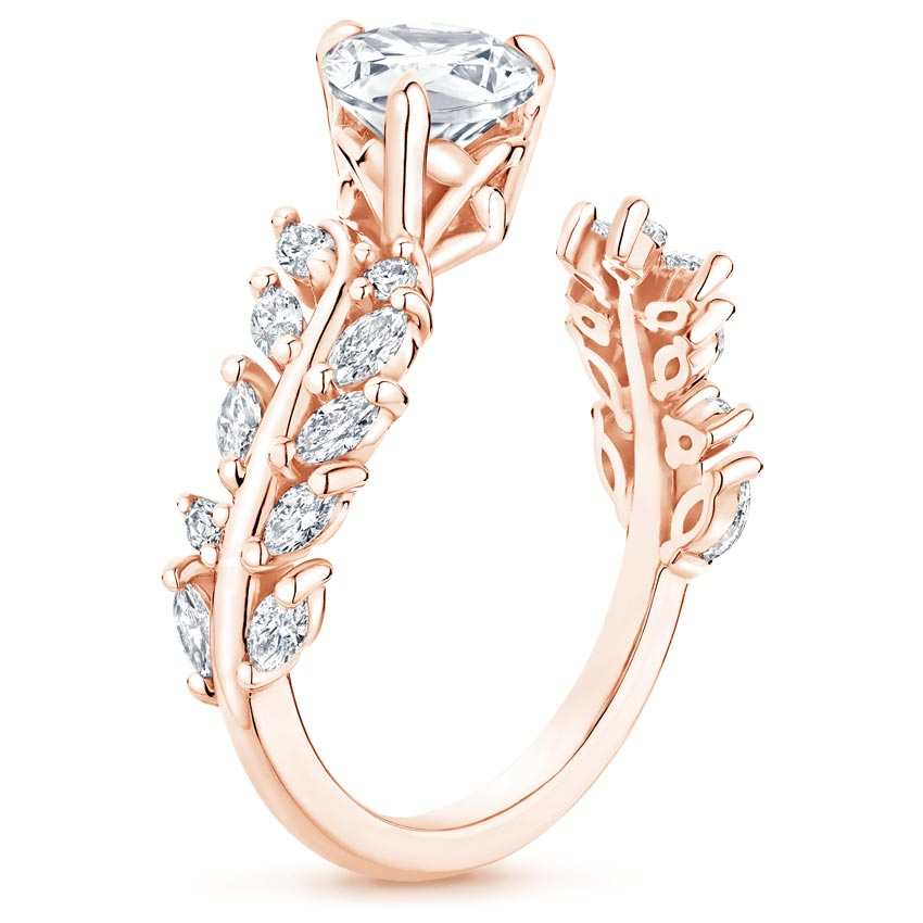 Round Cut Diamond Engagement Ring, Nature Inspired Leaf Vine Ring, Marquise & Round Side Stone Ring