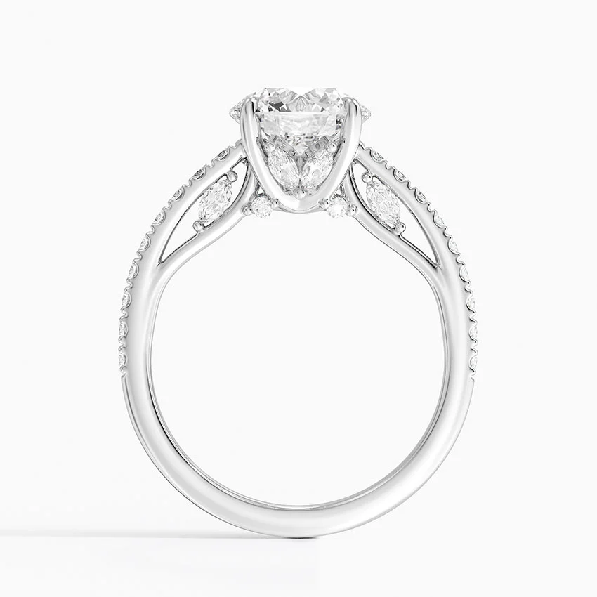 Round Cut Diamond Engagement Ring, Pavé Band Solitaire Ring, Minimalist Bridal Ring