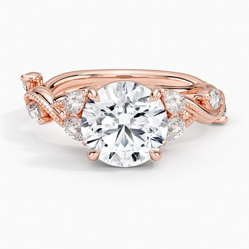 Round Cut Moissanite Engagement Ring, Twisted Pavé Diamond Band, Vintage Inspired Bridal Ring