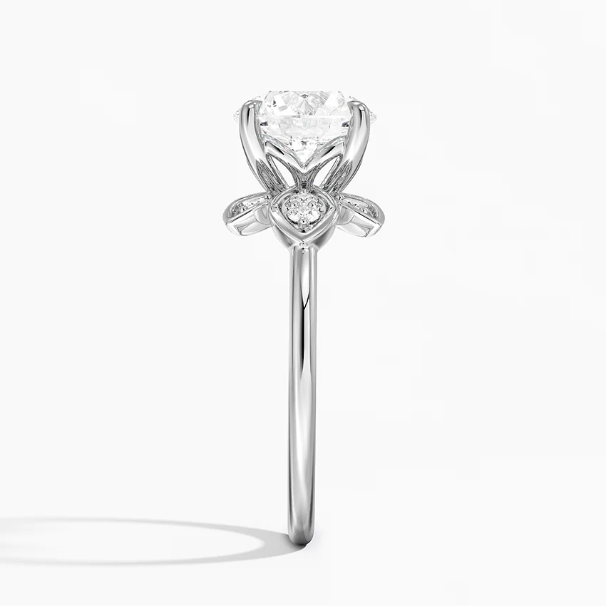 Floral Petal Diamond Engagement Ring, Round Cut Center, Nature Inspired Leaf Design