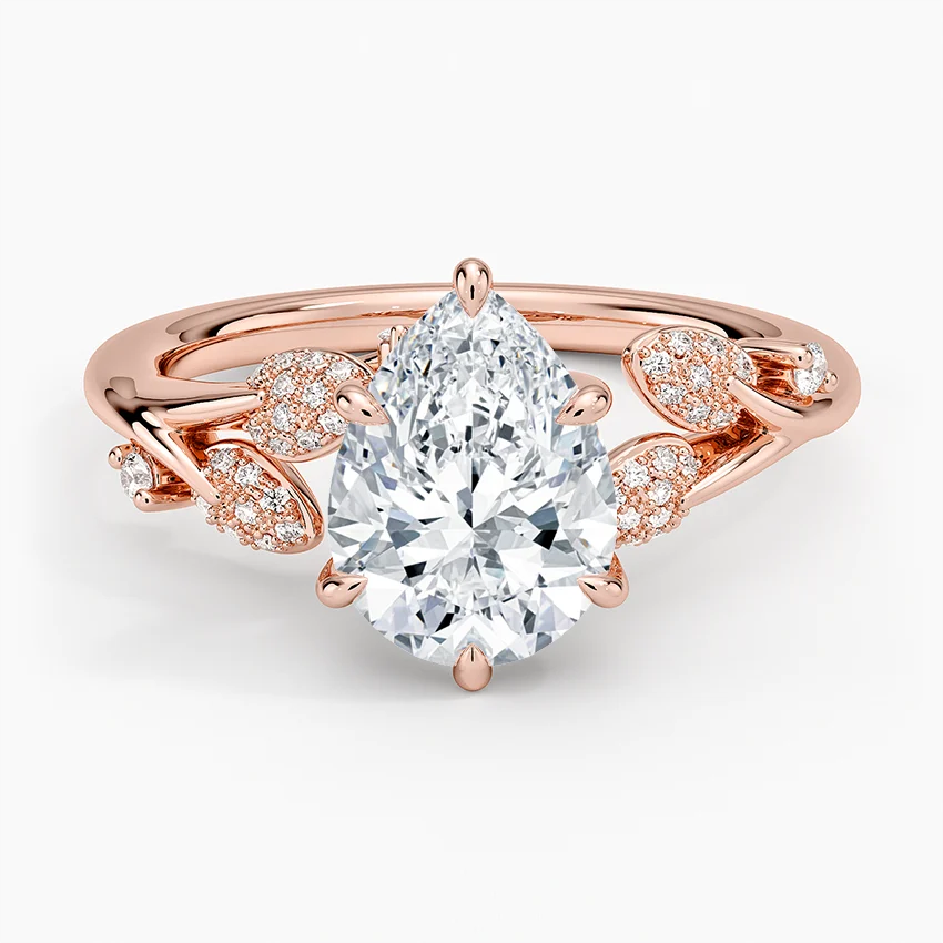 Pear Cut Diamond Leaf Engagement Ring, Nature Inspired Bridal Ring, Vine Style Diamond Ring