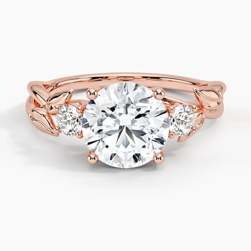 Vintage Leaf Diamond Engagement Ring, Round Cut Center Stone, Nature Inspired Bridal Ring