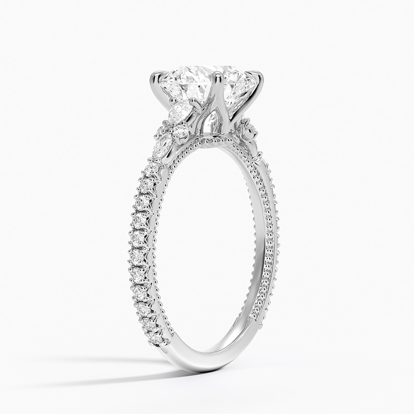 Vintage Inspired Round Cut Moissanite Engagement Ring, 3 Stone Diamond Ring, Hidden Halo Ring