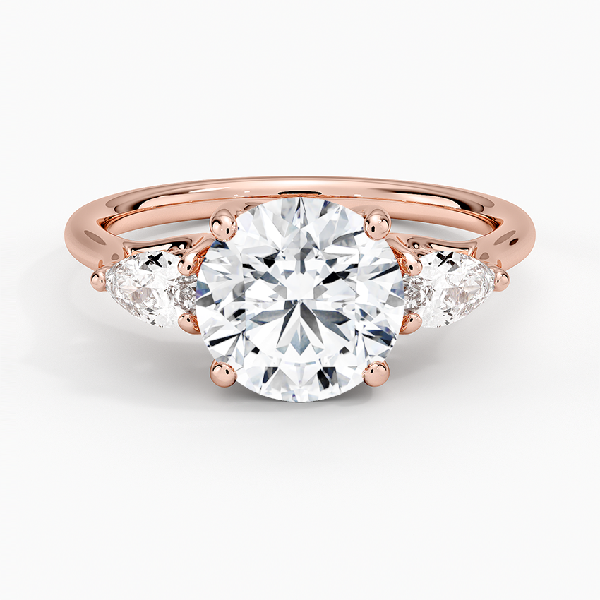 Round Cut Diamond Engagement Ring, 3 Stone Diamond Ring, Pear Side Stone Ring