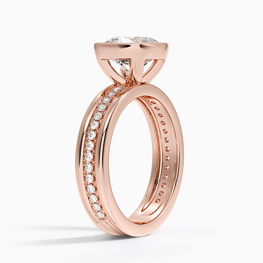 Cushion Cut Bezel Set Diamond Engagement Ring, Split Shank Pavé Band, Minimalist Luxury Solitaire Ring