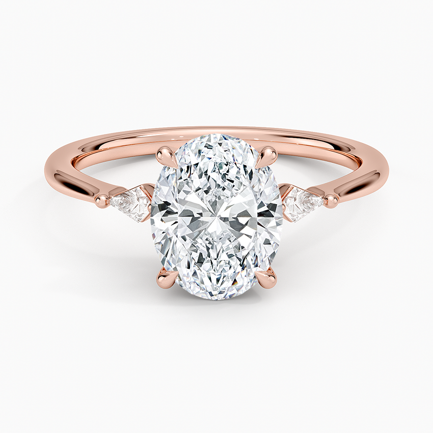Oval Cut Diamond Engagement Ring with Trillion Side Stones, 3 Stone Diamond Ring, Minimalist Bridal Ring