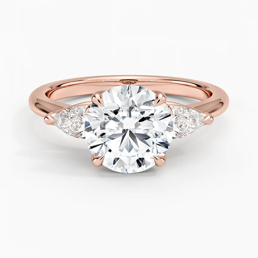 Round Cut Diamond Engagement Ring with Marquise Side Stones, Three Stone Bridal Ring