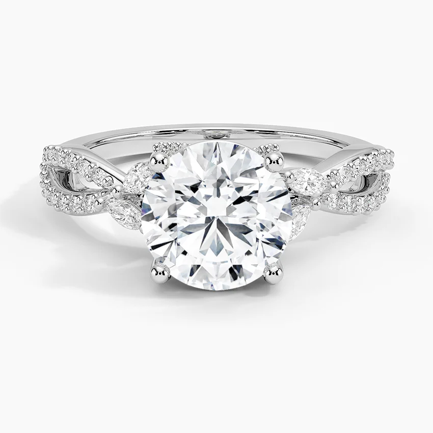 Twisted Band Round Diamond Engagement Ring, Pavé Diamond Twist Ring, Unique Bridal Ring