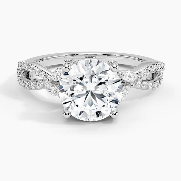 Twisted Band Round Diamond Engagement Ring, Pavé Diamond Twist Ring, Unique Bridal Ring