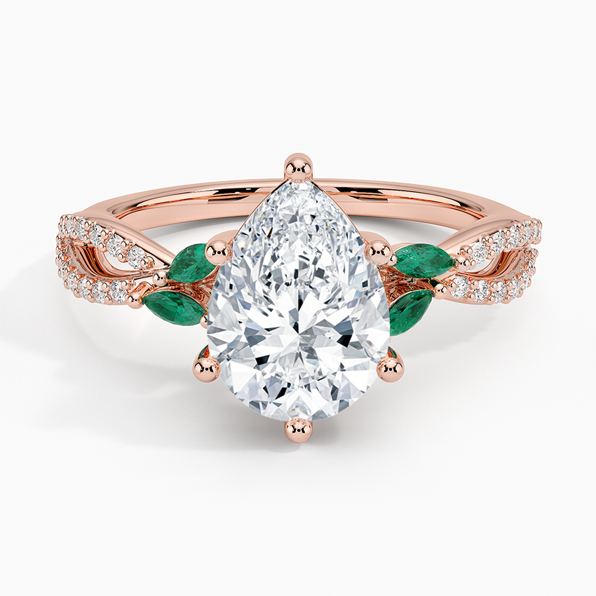 Pear Cut Moissanite Engagement Ring with Emerald Accents, Nature Inspired Leaf Ring, Split Shank Diamond Ring