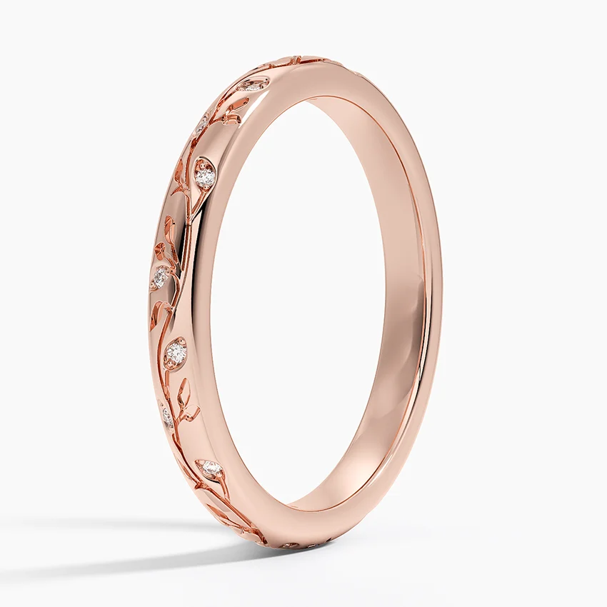 Diamond Leaf Engraved Ring, Minimalist Gold Vine Ring, Dainty Diamond Wedding Band